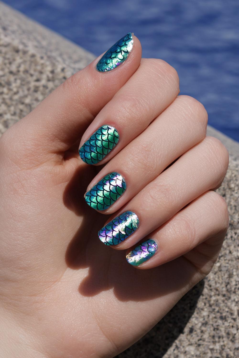 33. Nails for kids with mermaid scales in teal and iridescent shimmer