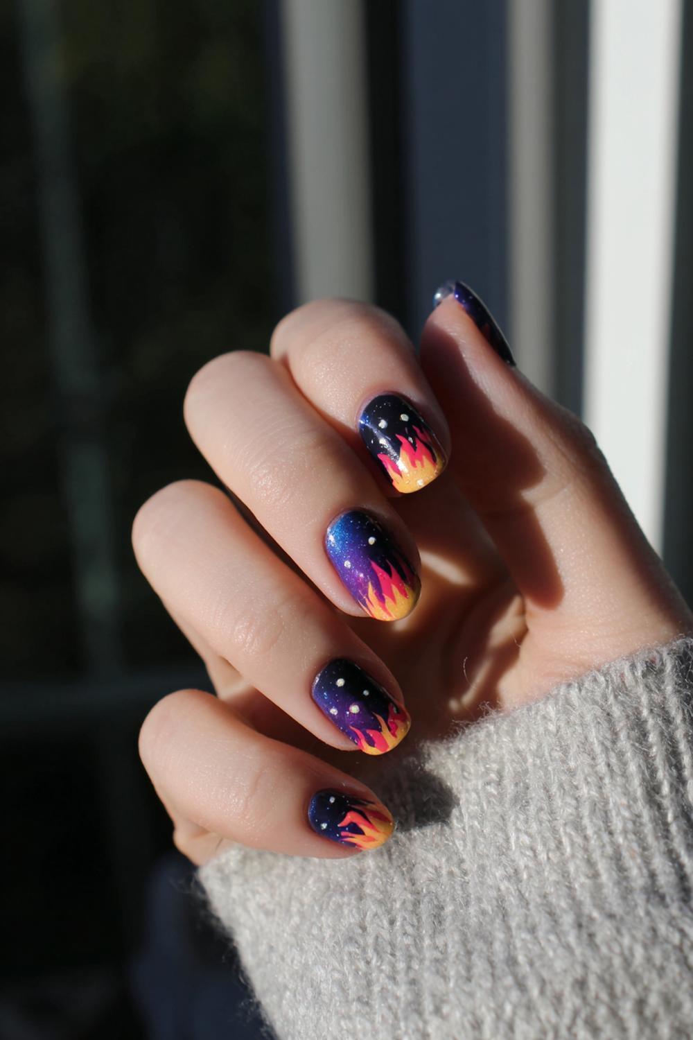 34. Nails for kids with campfire theme: tiny flames and night sky