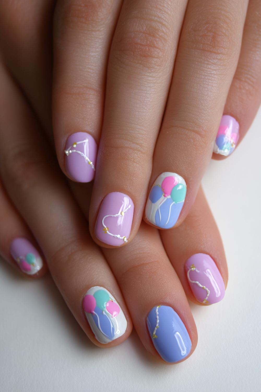35. Nails for kids with pastel balloons and curly string details