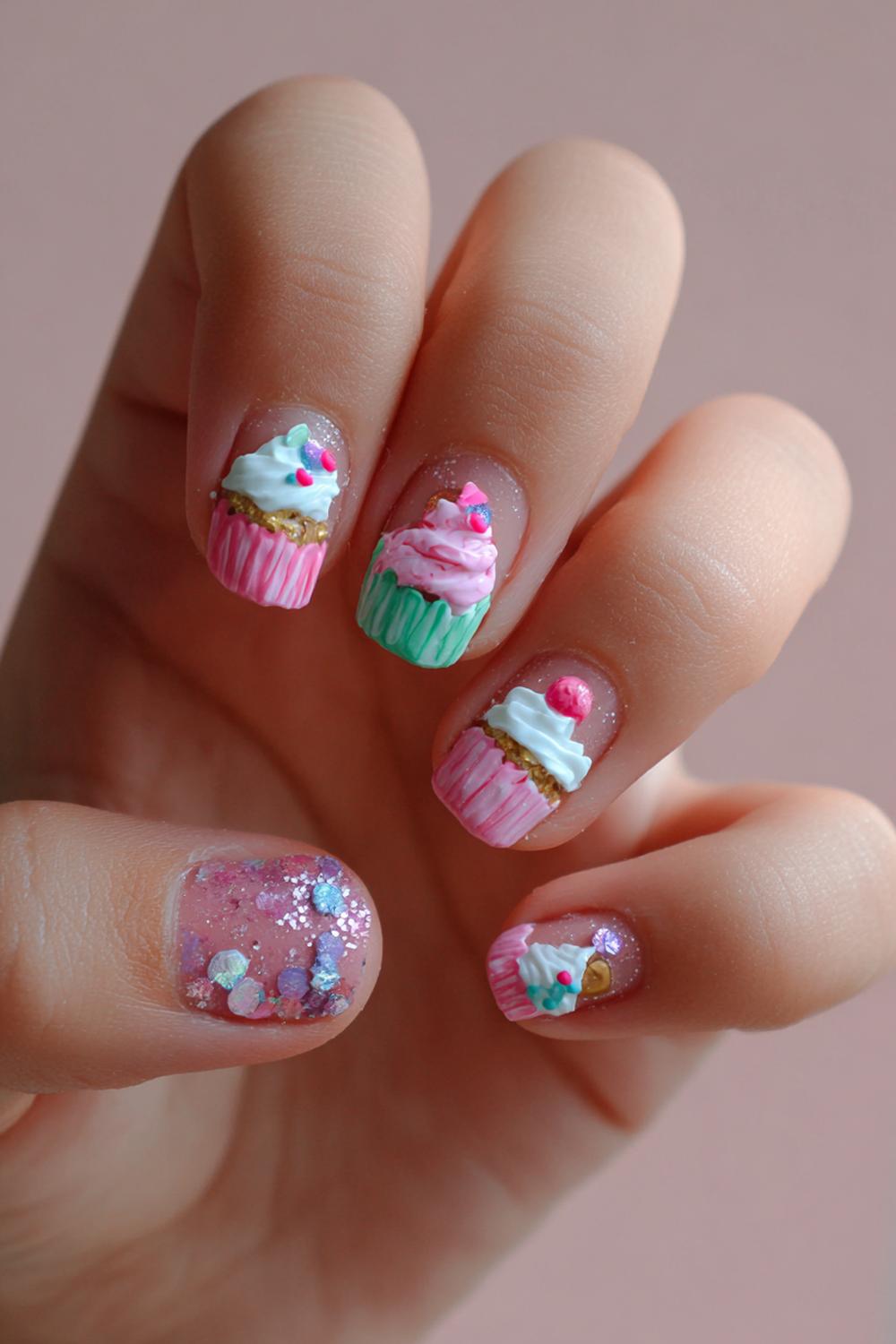 36. Nails for kids with bakery theme: tiny cupcakes and sugar glitter