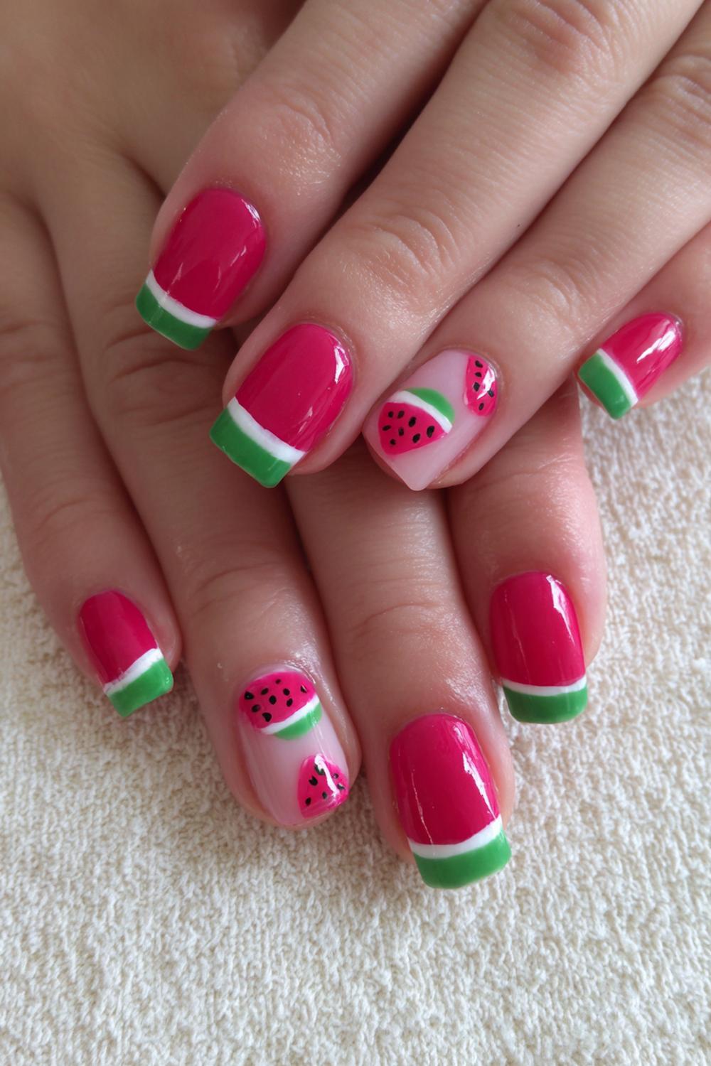 6. Nail Kids Designs with watermelon slices and green rind tips