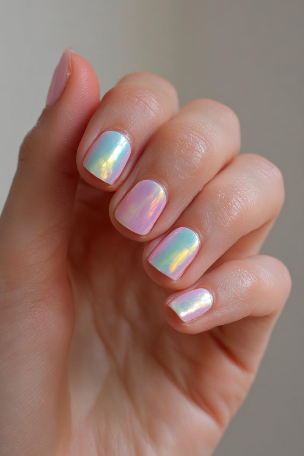 8. Gel nail inspo for kids with pastel chrome sheen and short wear