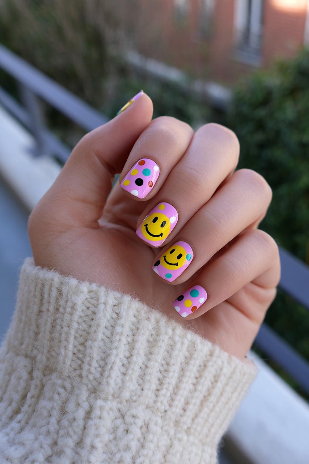 9. Cute Nail Art For Short Nails Easy with smiley faces and bright dots