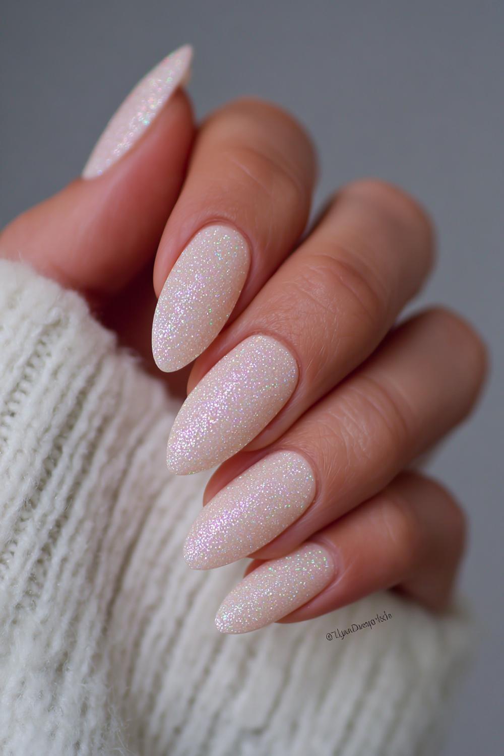 12. Nails No French Tips: Micro-Glitter Nude “Champagne Mist”