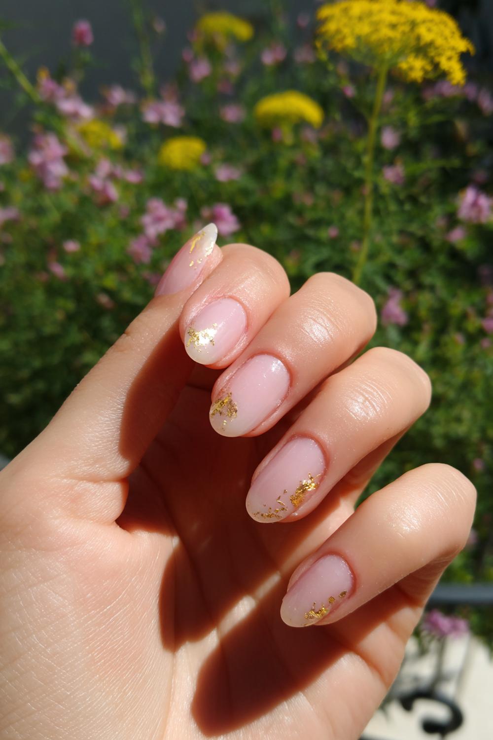 14. Nails No French Tips: Clear Base with Minimal Gold Foil Flecks