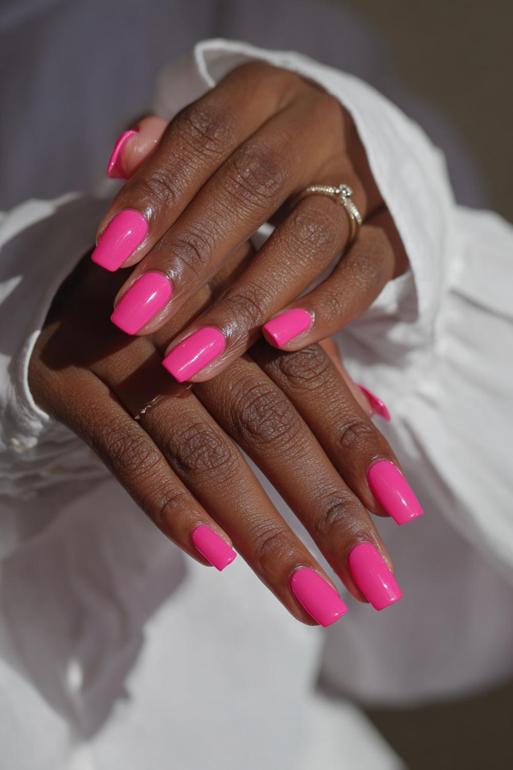 13. Hot Pink Pop Nails on Dark Skin Hands with Square Edges