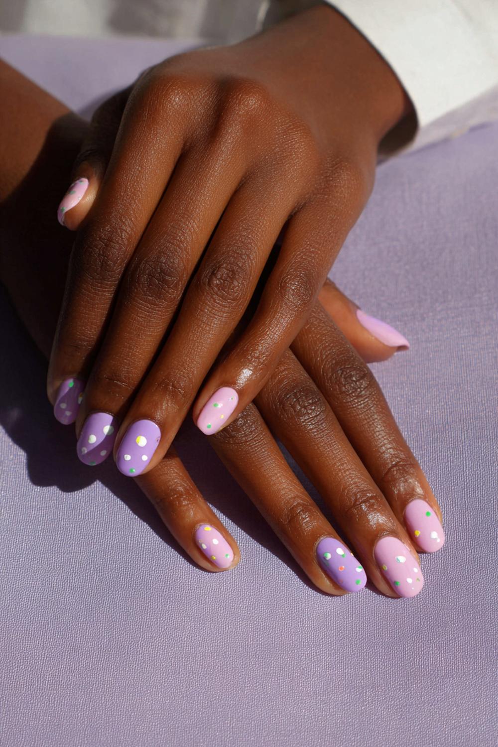 15. Lavender Milk Nail Colors On Brown Skin with Minimal Dot Art