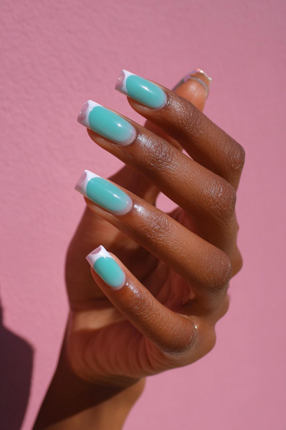 16. Teal Negative Space Nail Designs For Brown Skin with Crisp Lines