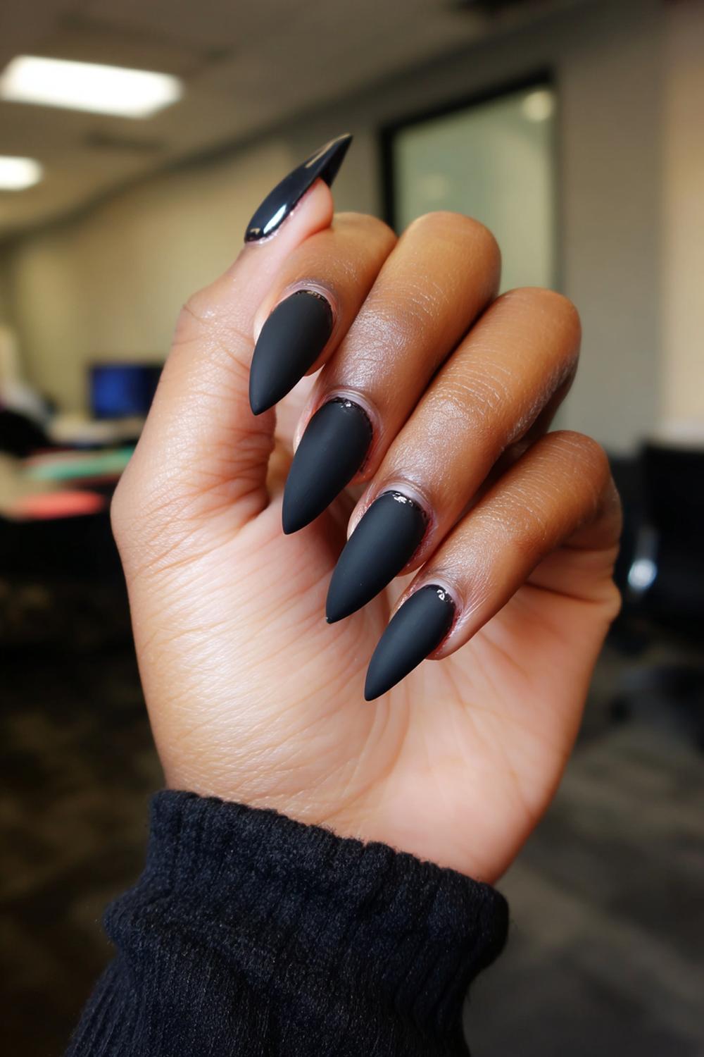 17. Matte Black Nail For Black Skin with Glossy French Tip
