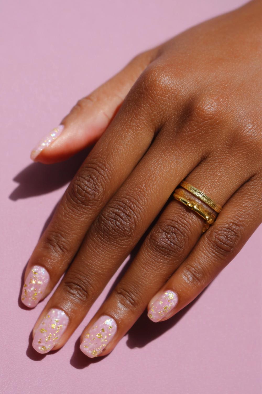 19. Gold Flake Topcoat Nail For Dark Skin over Sheer Nude