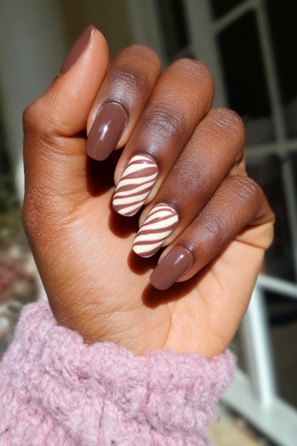22. Chocolate Swirl Nail Ideas Brown Skin with Cream Ribbons