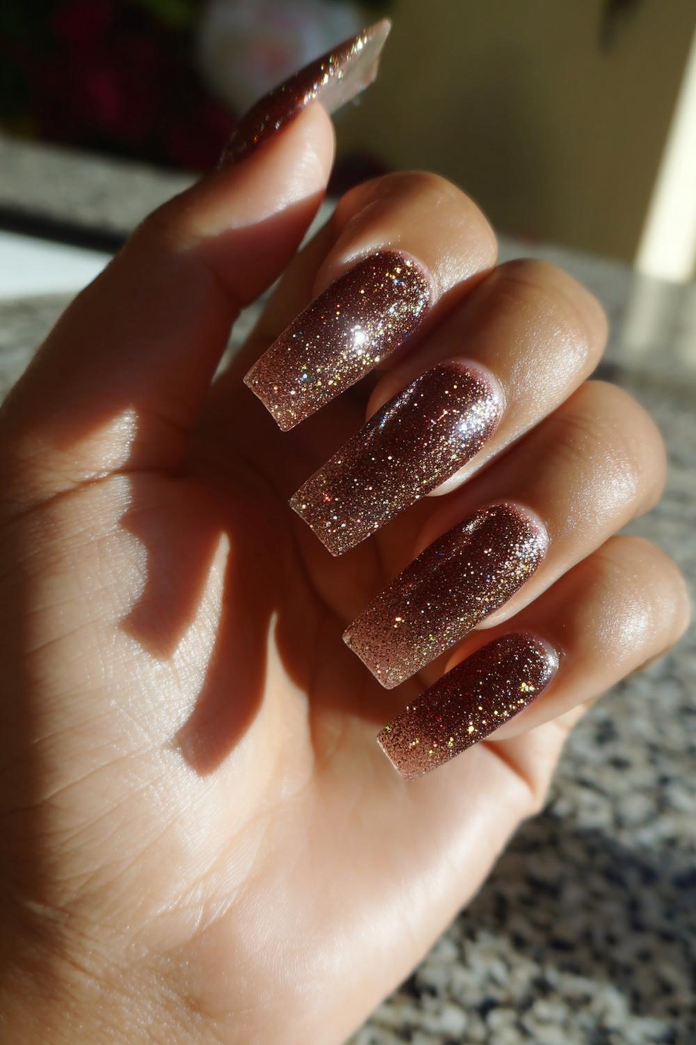 23. Bronze Glitter Gradient Nails Acrylic For Dark Skin with Tapered Square