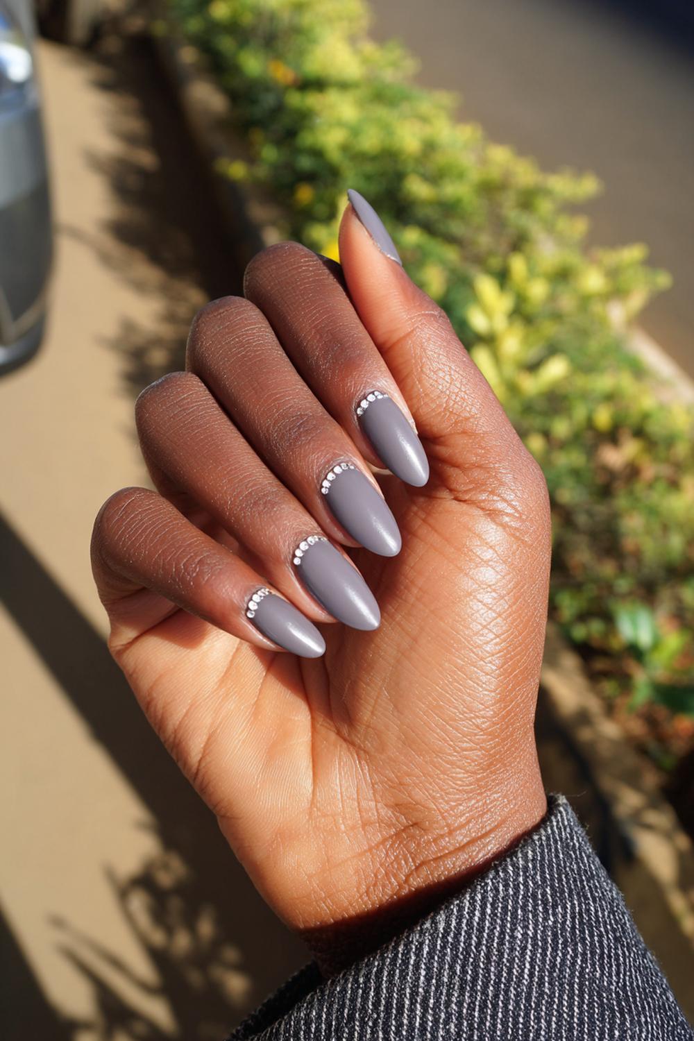 24. Smoky Gray Matte Nail For Dark Skin with Silver Line Detail