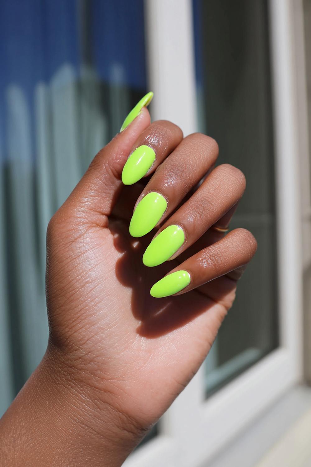 25. Neon Lime Color Nails For Brown Skin with Glossy Short Oval
