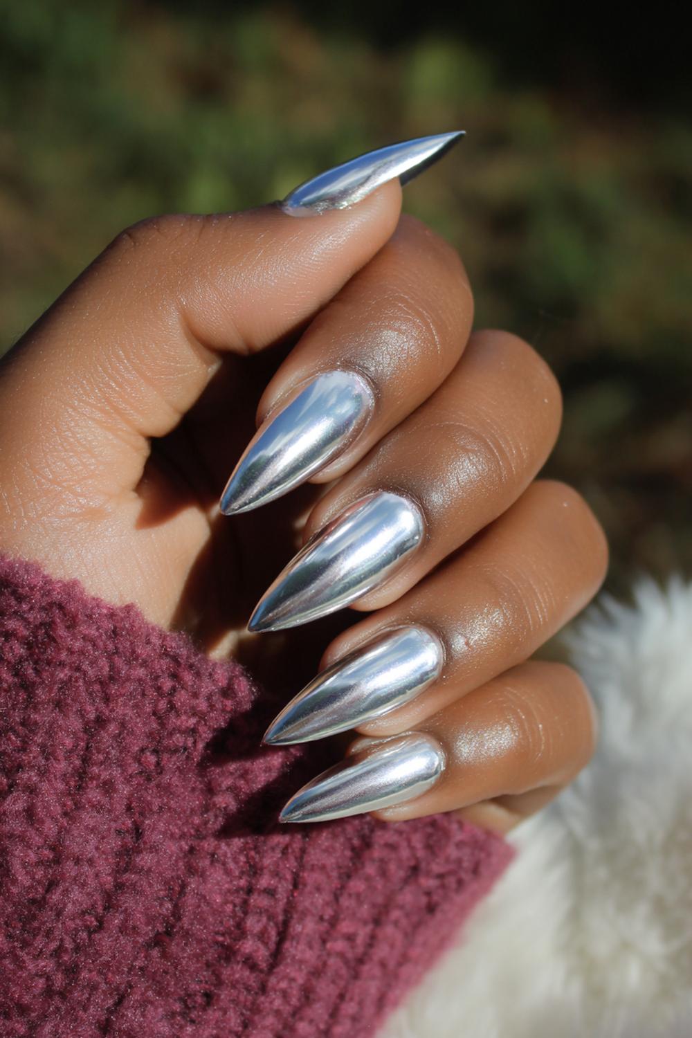 30. Icy Silver Chrome Nail For Black Skin with Stiletto Shape