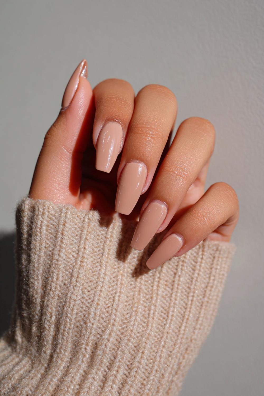 31. Champagne Nude Acrylic Nails For Brown Skin Tone with Glazed Finish