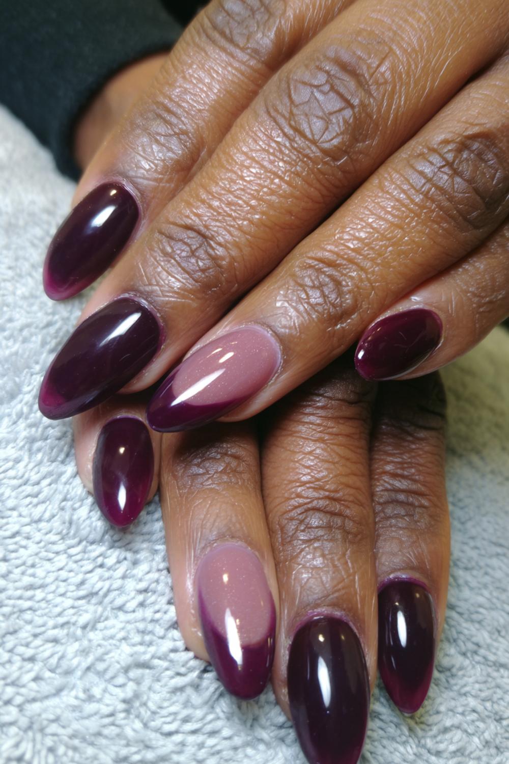 32. Deep Plum French Tip Nails Acrylic For Dark Skin with Sculpted Base