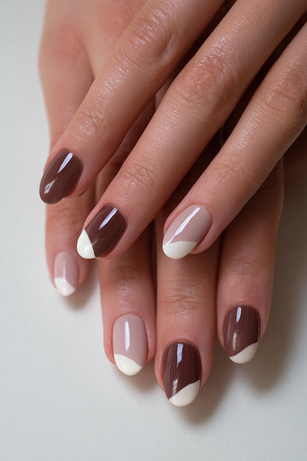 33. Two-Tone Mocha and Cream Nails For Brown Hands with Half-Moon Detail