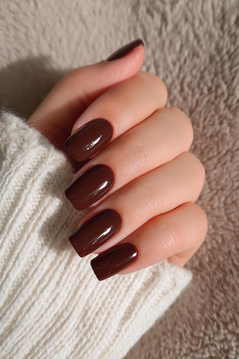 4. Glossy Espresso Solid Nails For Brown Hands in Short Squoval