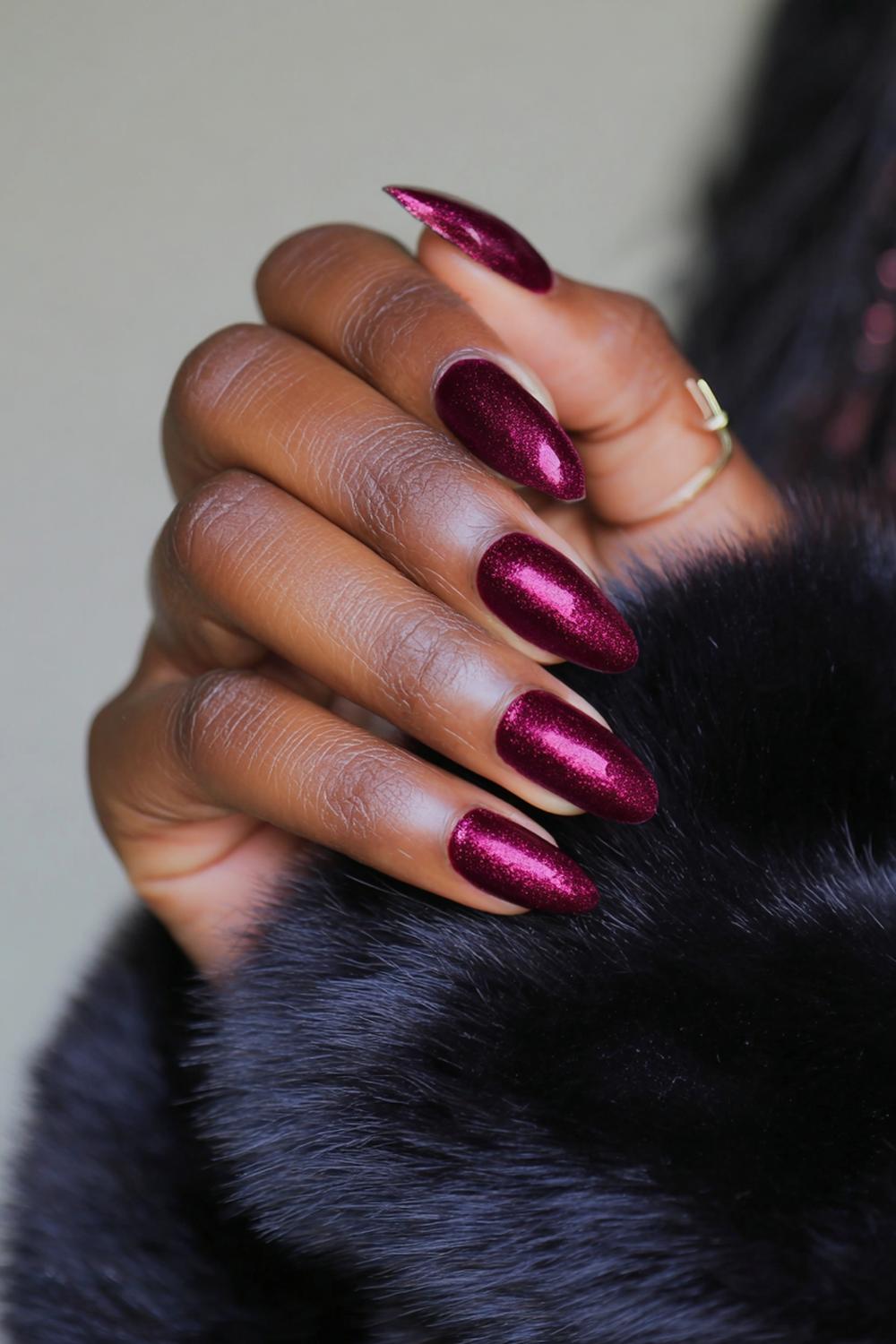 6. Deep Wine Velvet Nail For Black Skin with Cat-Eye Glow