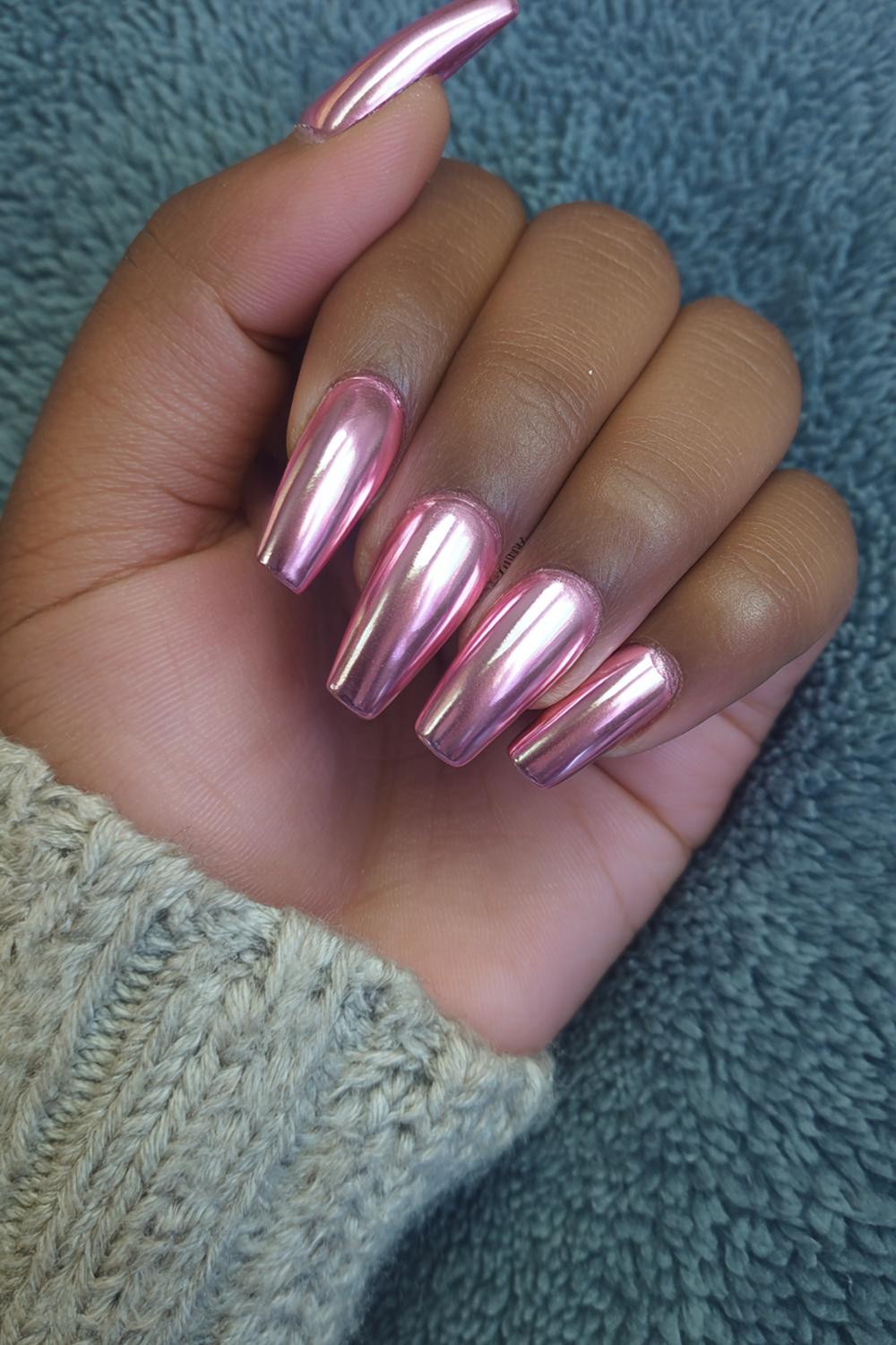 7. Rose-Gold Chrome Nails Acrylic For Dark Skin in Coffin Shape