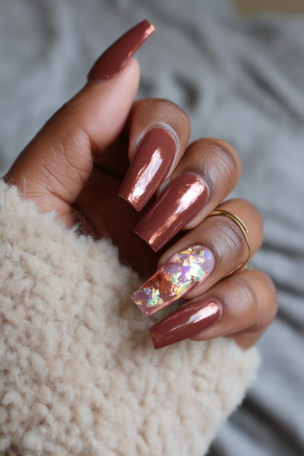 8. Copper Foil Accent Nail Designs For Brown Skin with Clear Base
