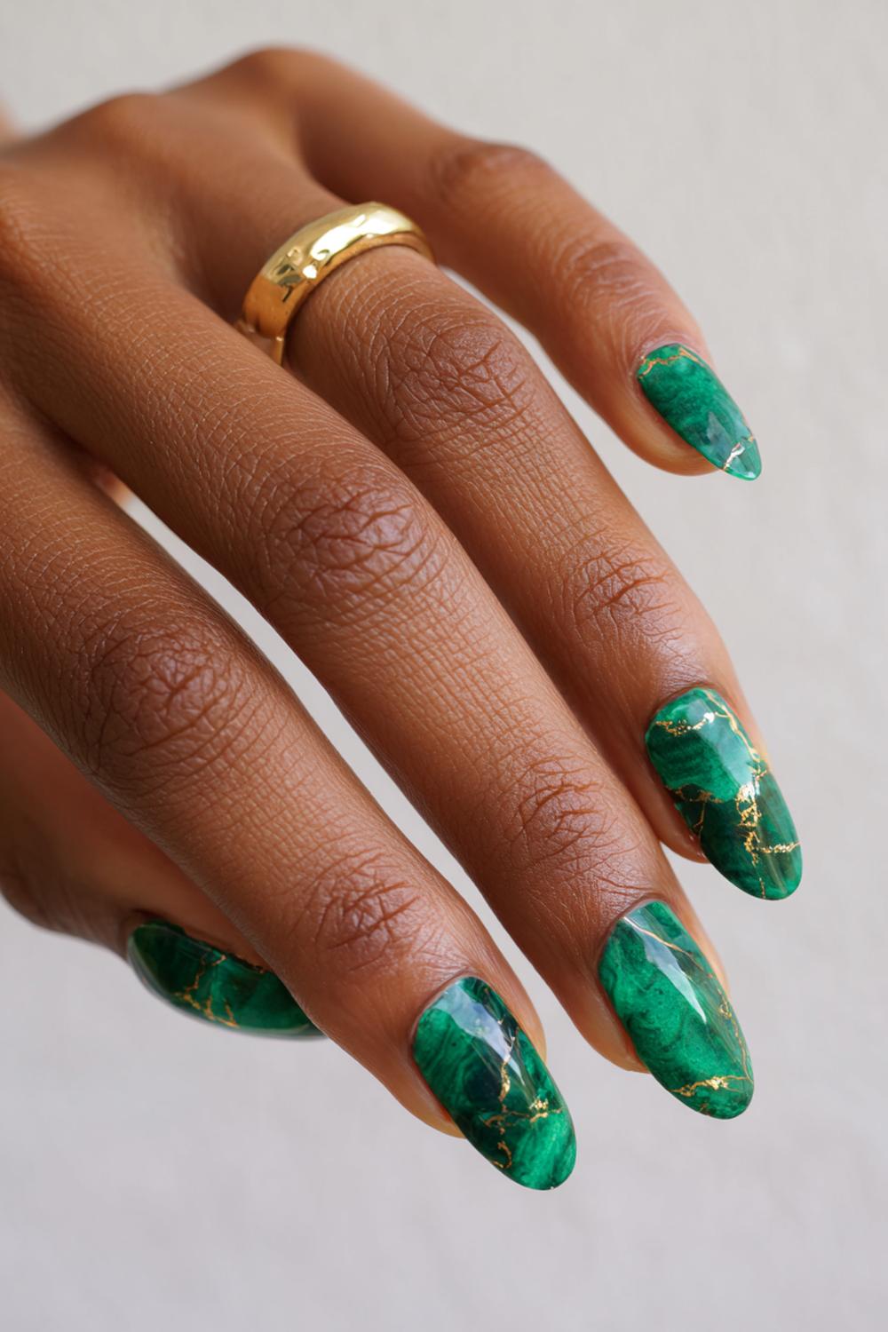 9. Emerald Marble Nail Ideas Brown Skin with Gold Veining