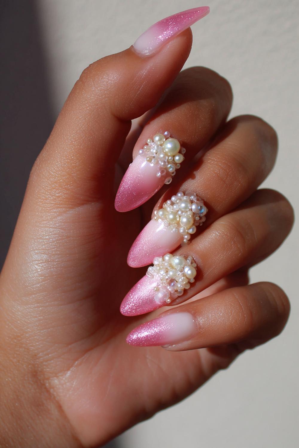 11. Almond Nails 3d Designs with Pearl Clusters on Ombre Base