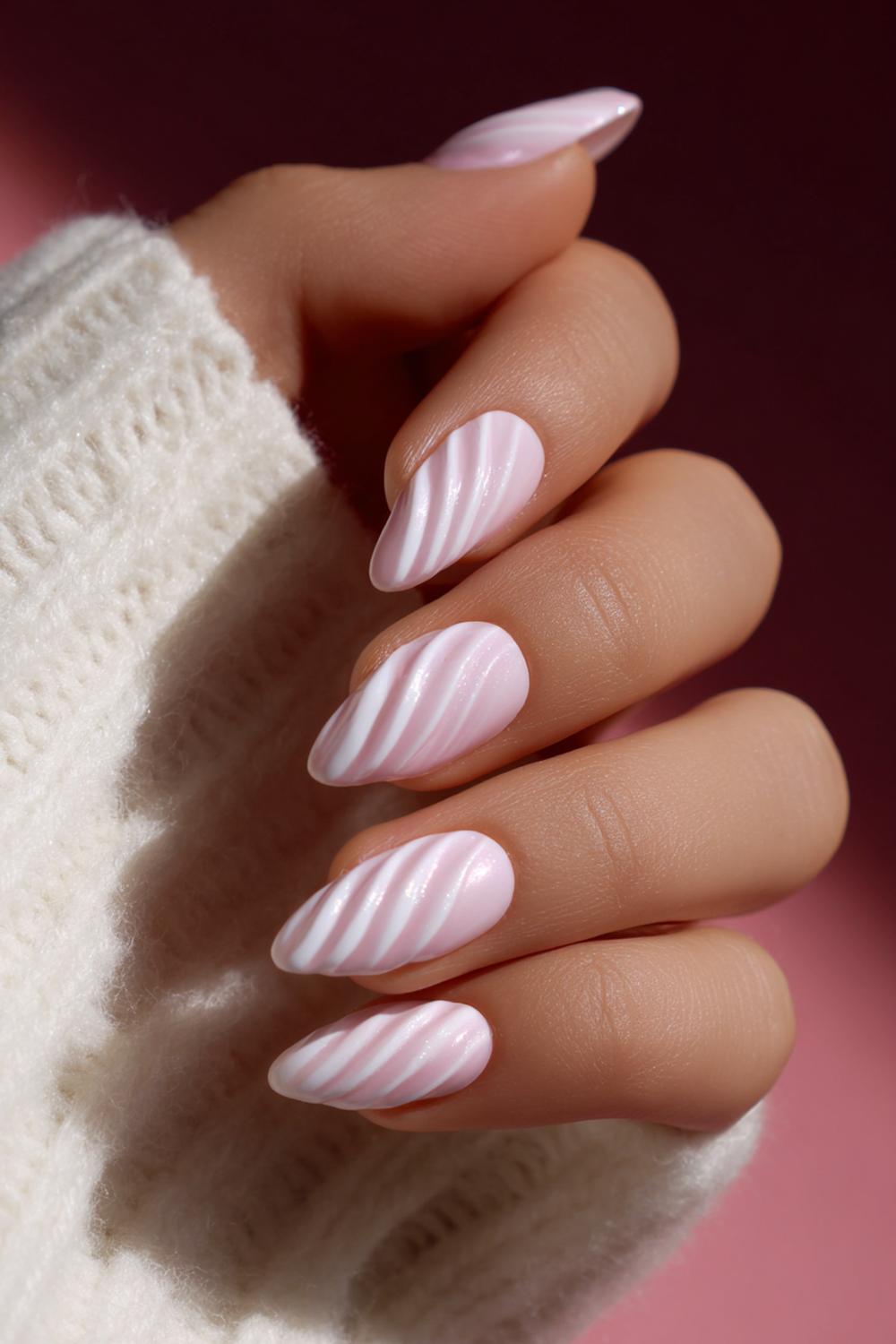 12. Almond Nails 3d Designs with Raised White French Lines
