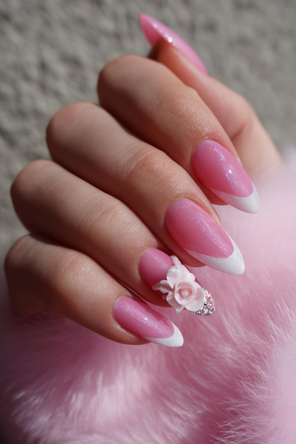 13. Almond Nails With 3d Flower and Micro-French Pairing