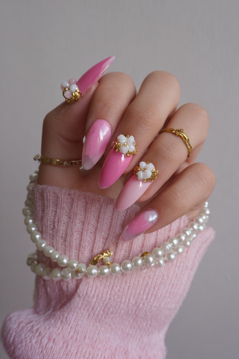 14. Pink 3d Nails with Glossy Jelly Pink and White Charms