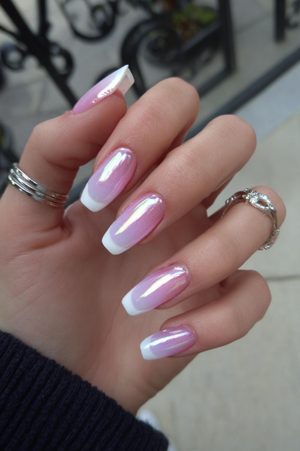 16. Classic Ombre Nails with Chrome Glazed Highlight and White Edge