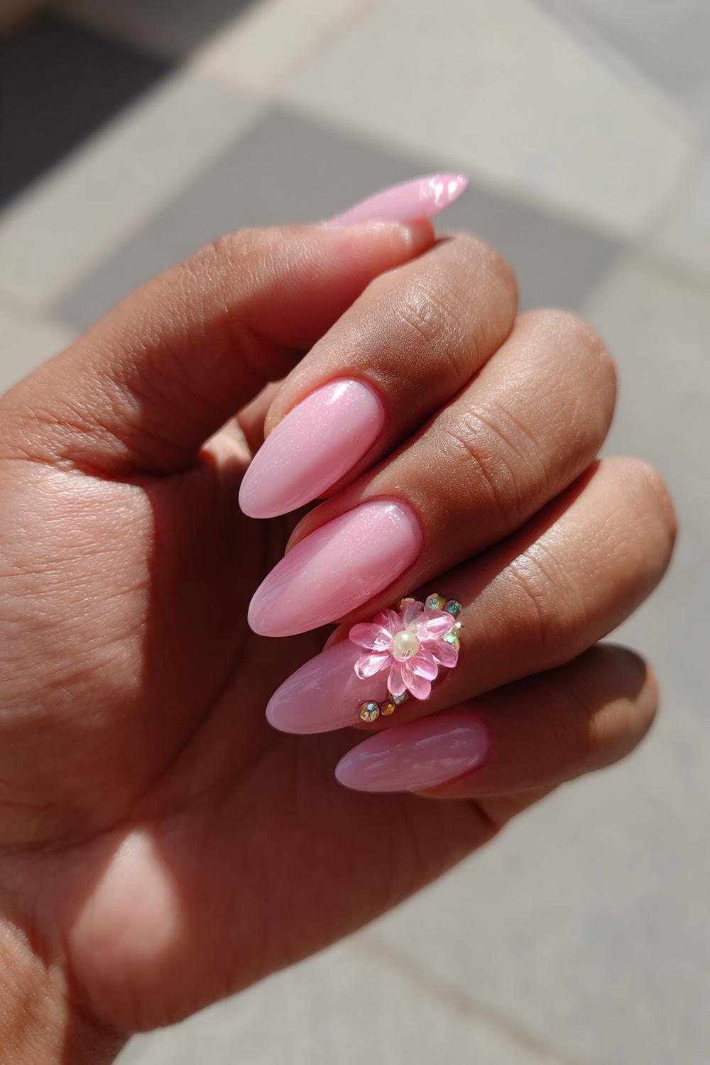 4. Almond Nails With 3d Flower on Sheer Pink Base