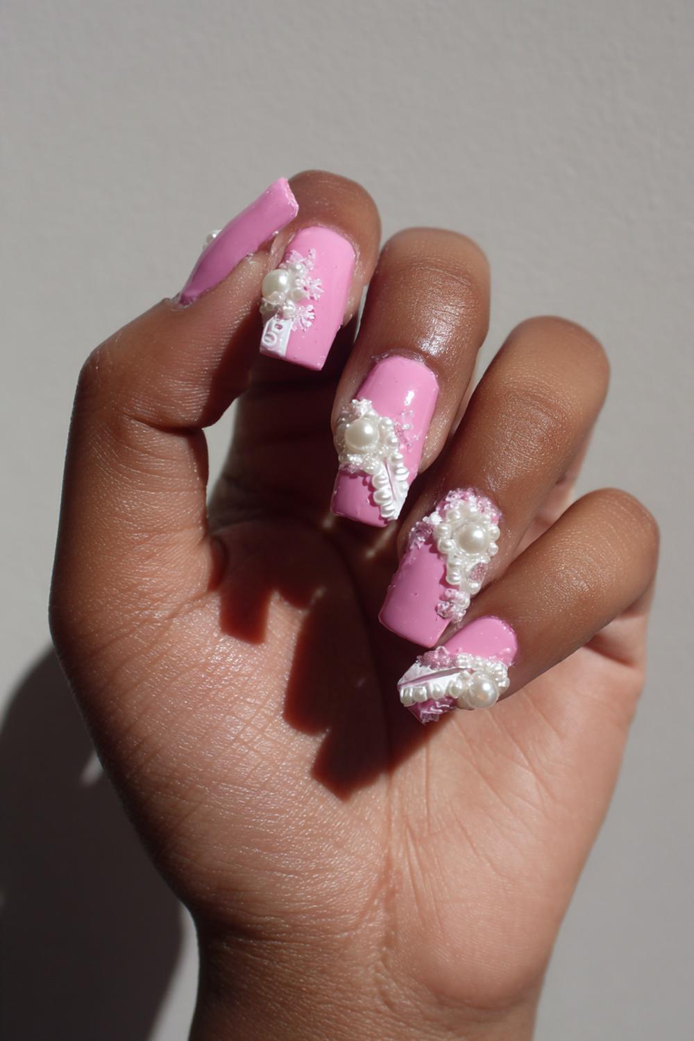 5. Pink 3d Nails with Pearls and White Ribbon Swirls