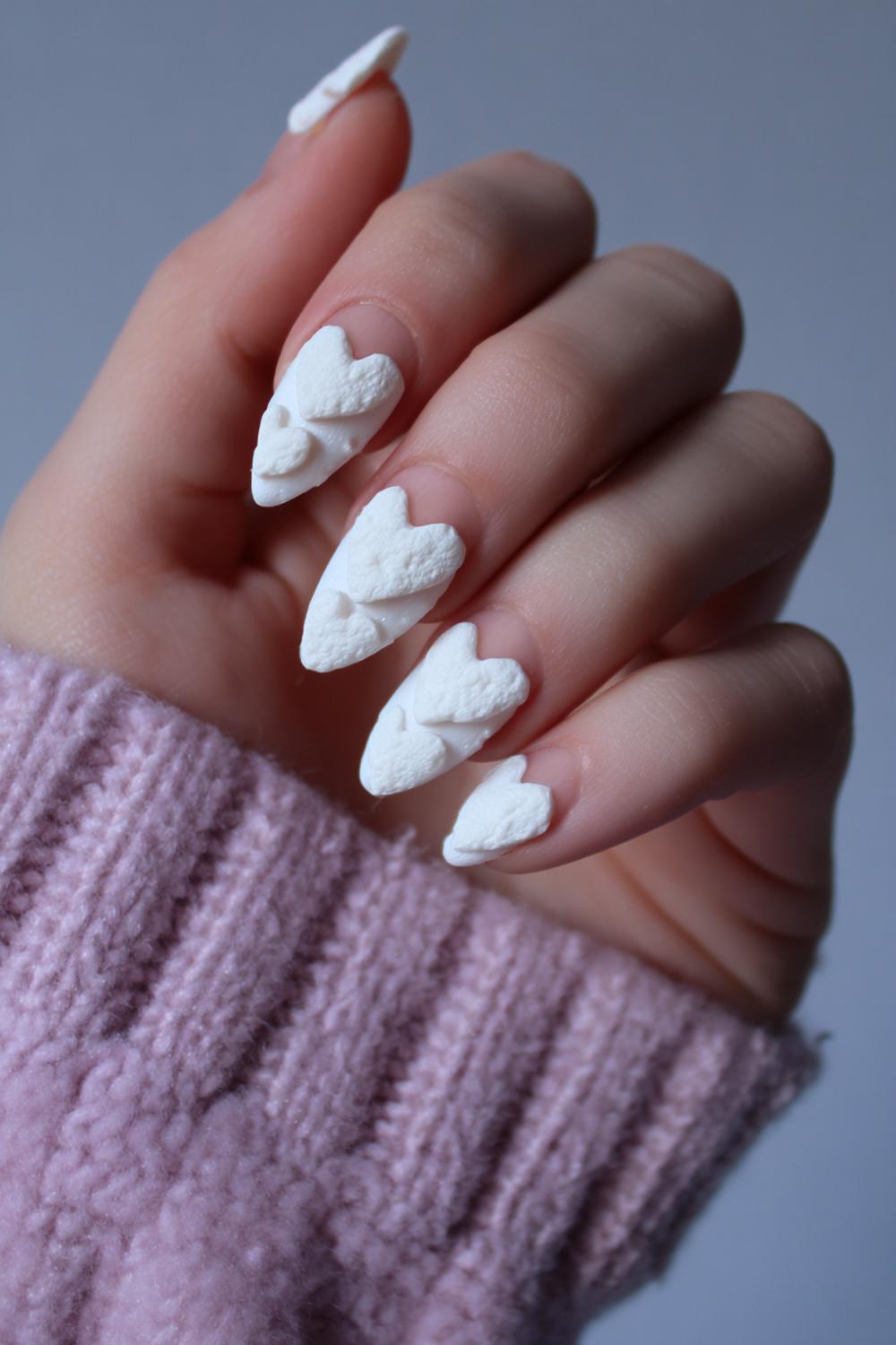 7. 3d Almond Nails in Sugar-Textured White Heart Accents