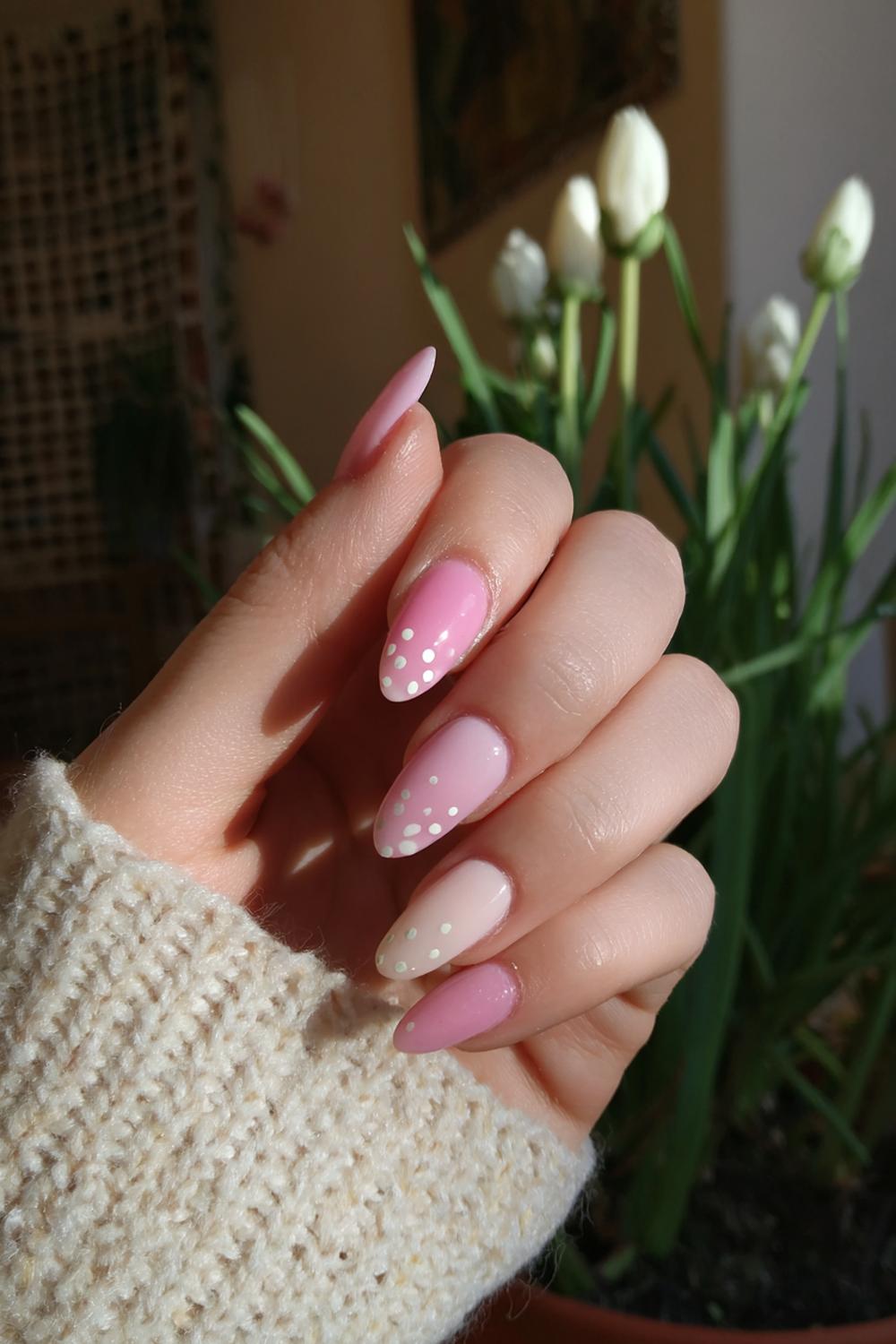 9. Cute Ombre Nails with Strawberry Milk Gradient and Dots
