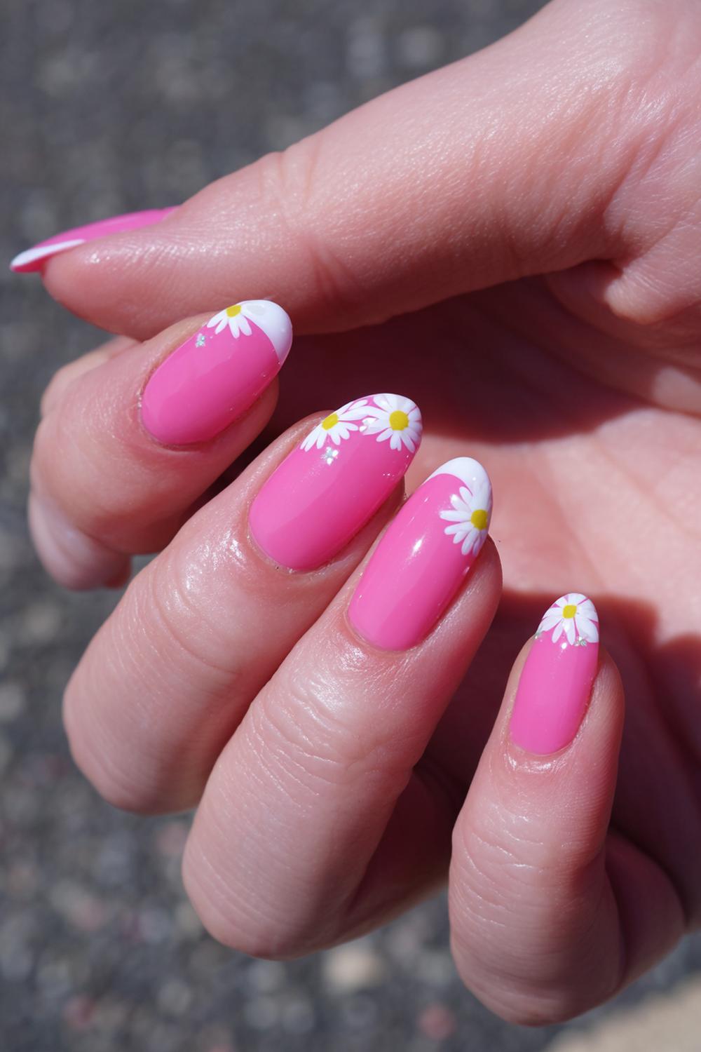 10. Pink French Tip Nails Almond With Design and Tiny Daisies
