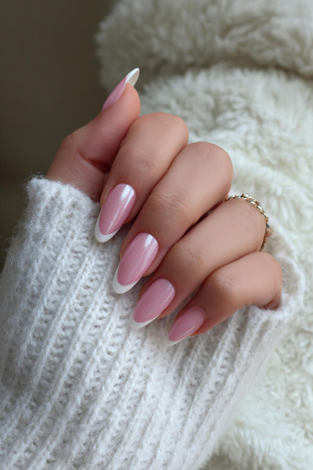 11. French Baby Pink Tips with Pearly Chrome Glaze