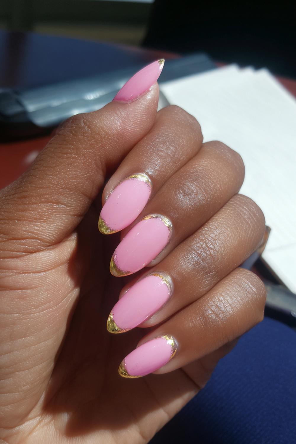 14. Pink French Tips Almond with Gold Foil Edge Accents
