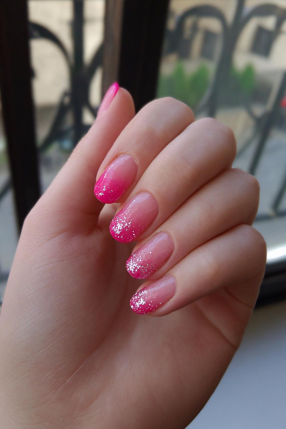 16. French Tip Nails Hot Pink with Glitter Fade Tips