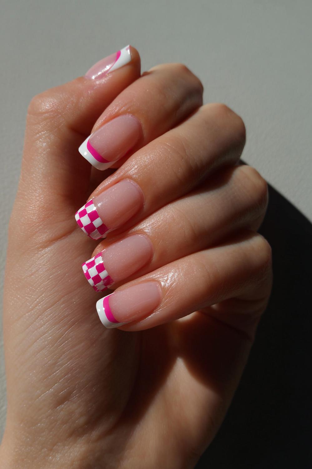 20. French Tips Nails Square with Checkerboard Pink Accent