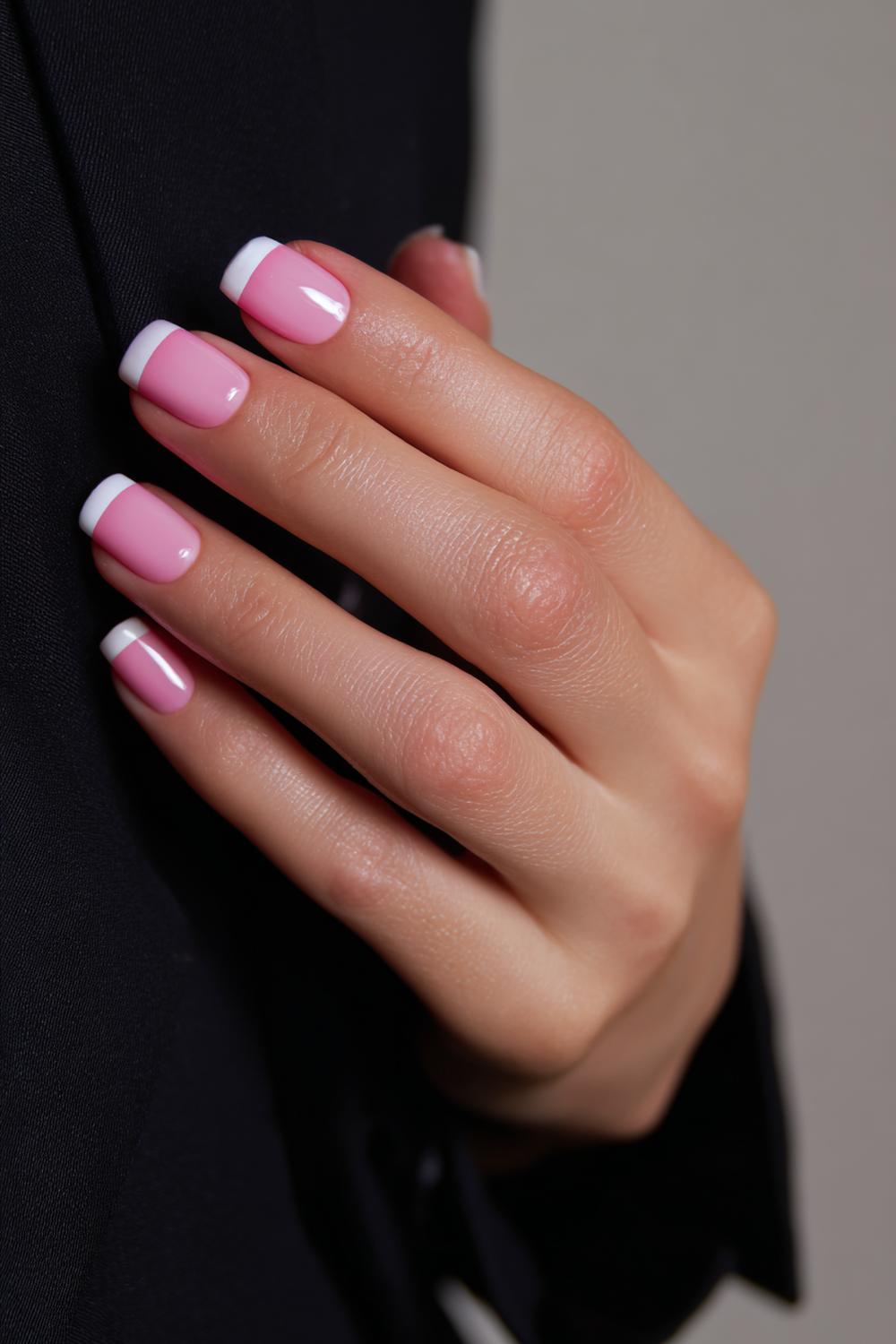 21. Short Nail Square Pink Tips with Satin Top Coat