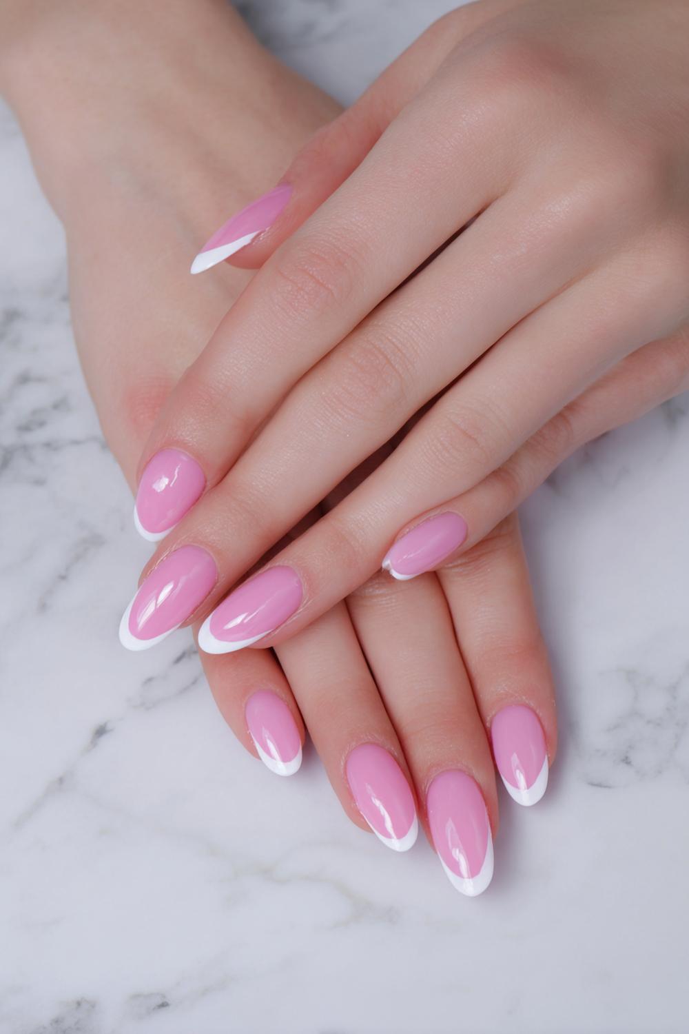 22. Pink French Tips Almond with White Outline Border