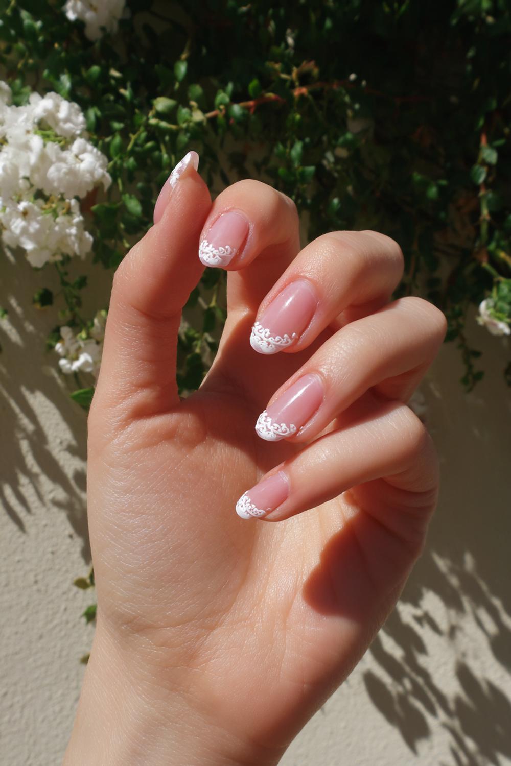 24. French Baby Pink Tips with Lace-Like White Line Art