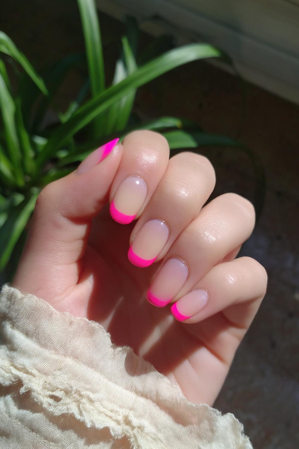 25. French Tip Nails Hot Pink with Color-Blocked Nude Panels