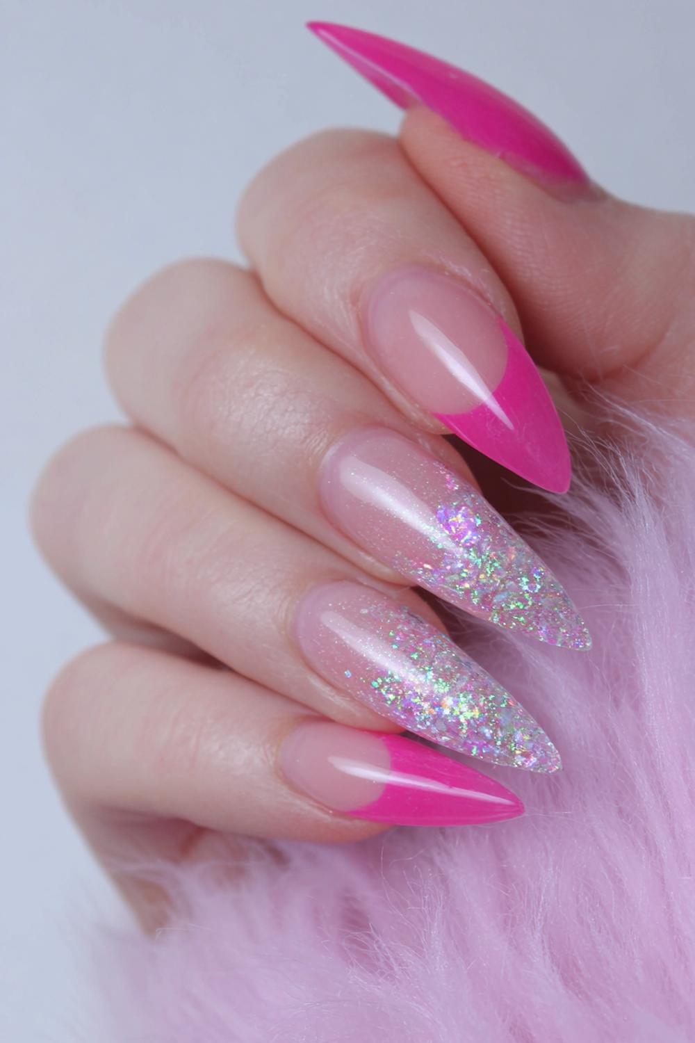 26. Bright Pink French Tip with Iridescent Flake Topper