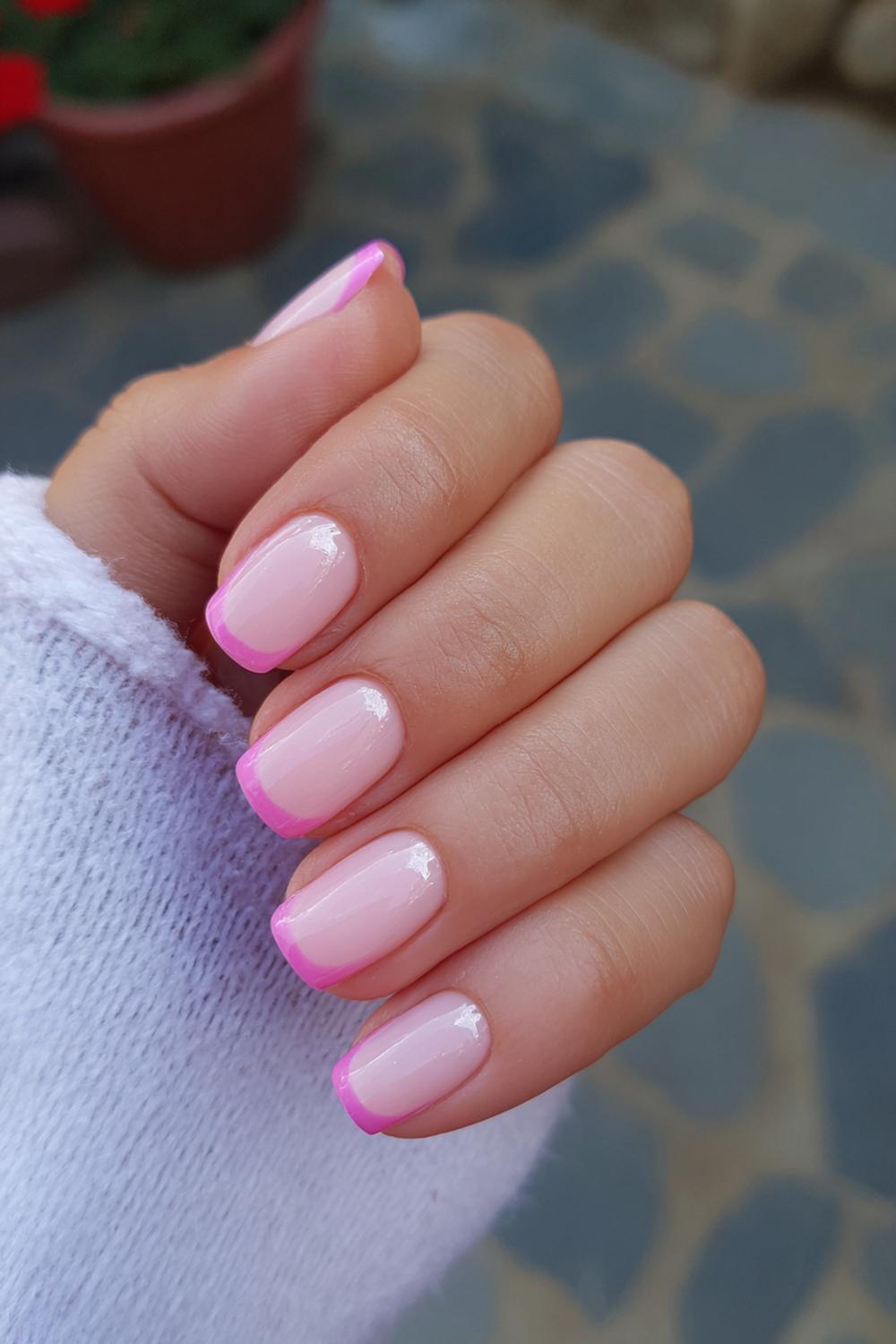 3. Short Nail Square Pink Tips with Clean Cuticles