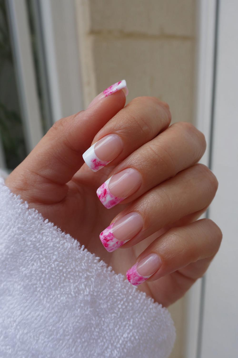 30. French Tips Nails Square with Pink Marble Corner Detail