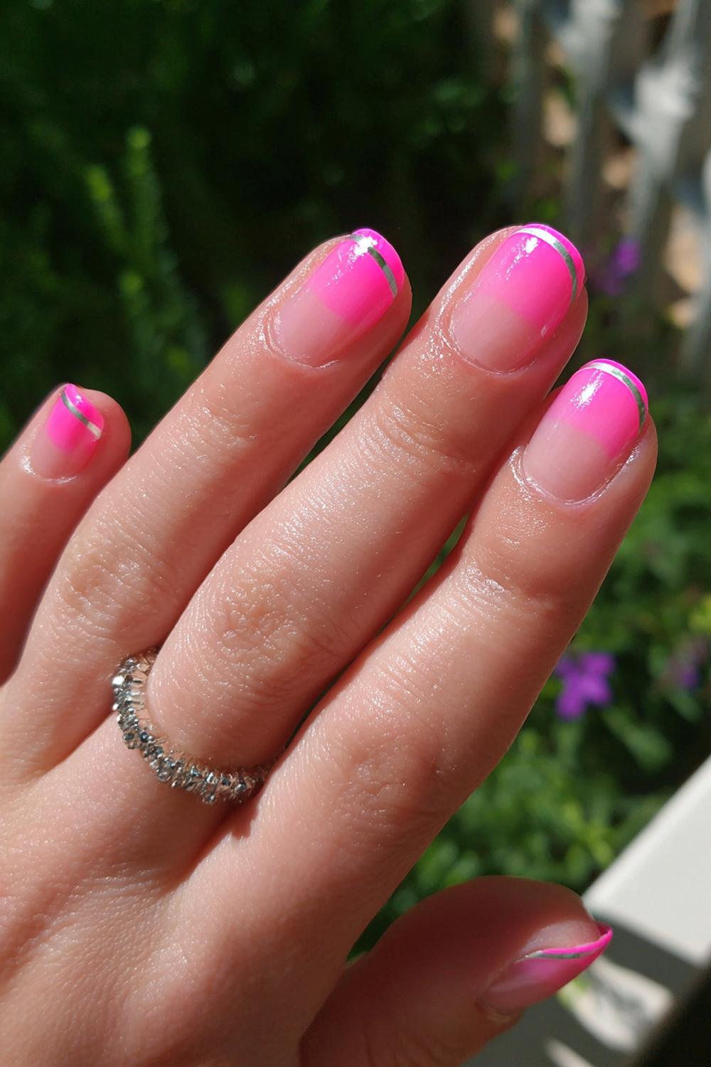 7. Bright Pink French Tip with Ultra-Thin Double Line