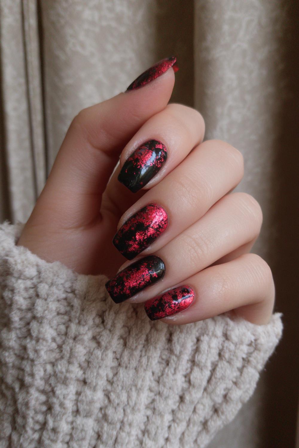 10. Grunge Nails Distressed Red Foil over Black Base
